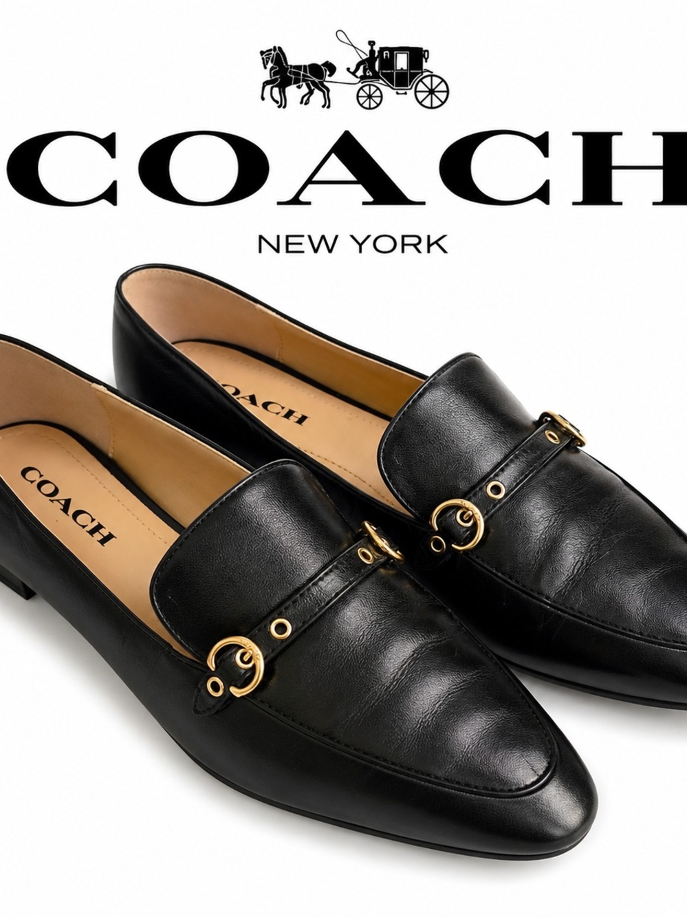 Coach Black Leather Loafers Gold Horse & Carriage Hardware Size 9